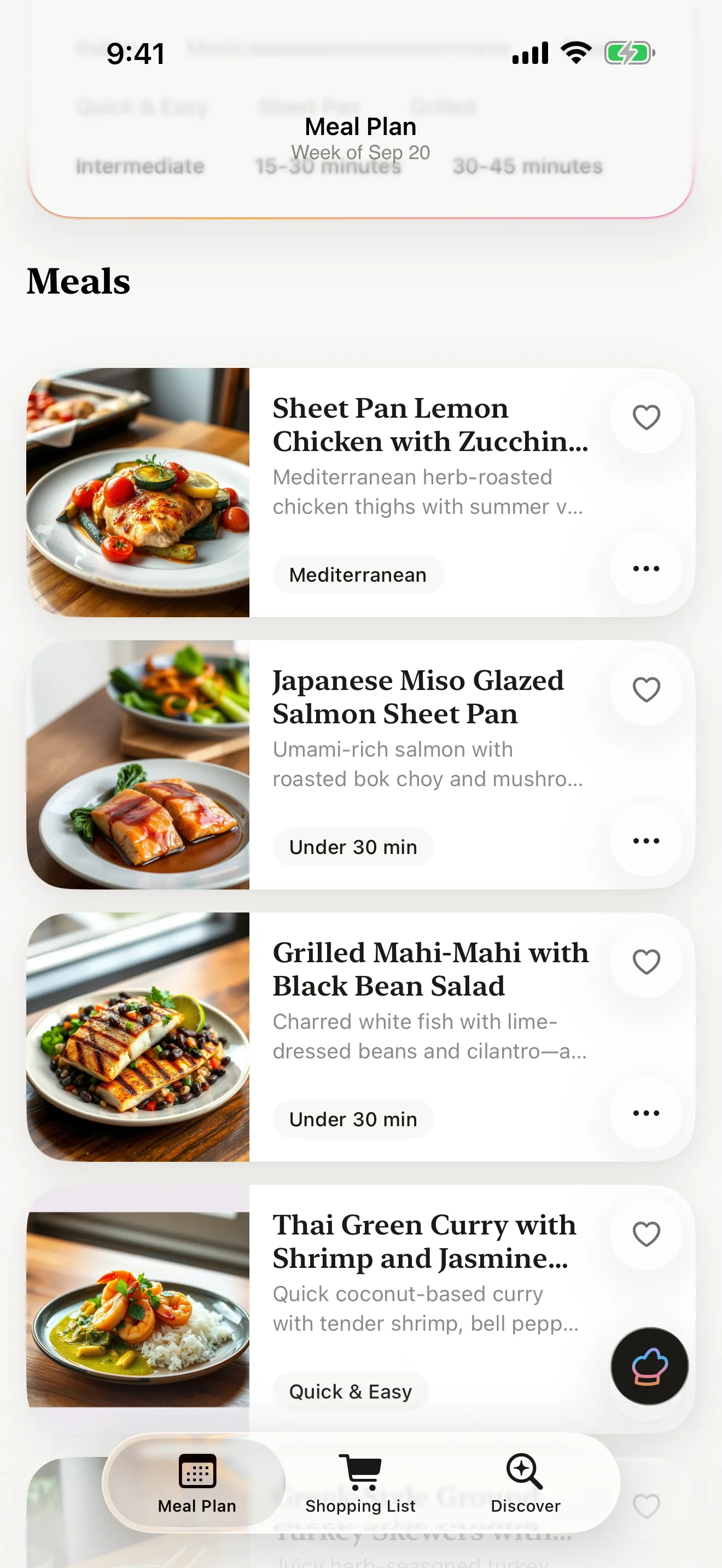 Meal plan screen