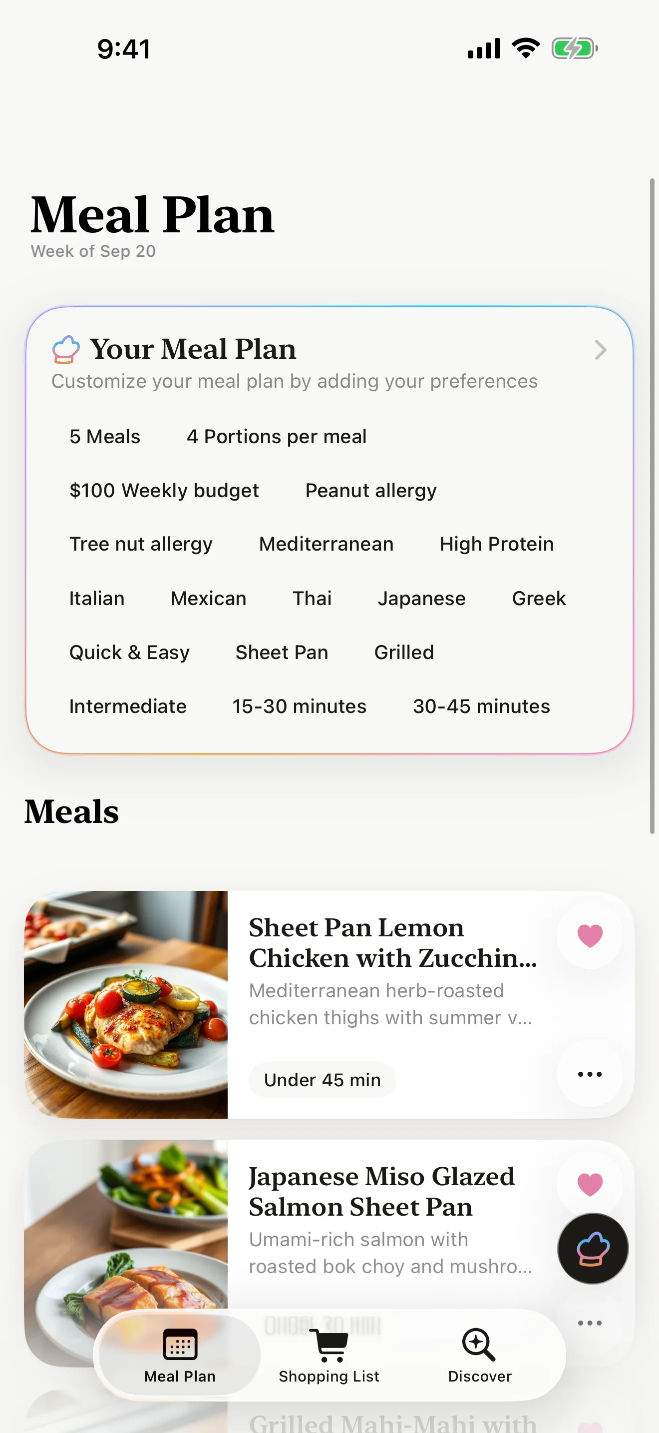 Philio meal plan screen