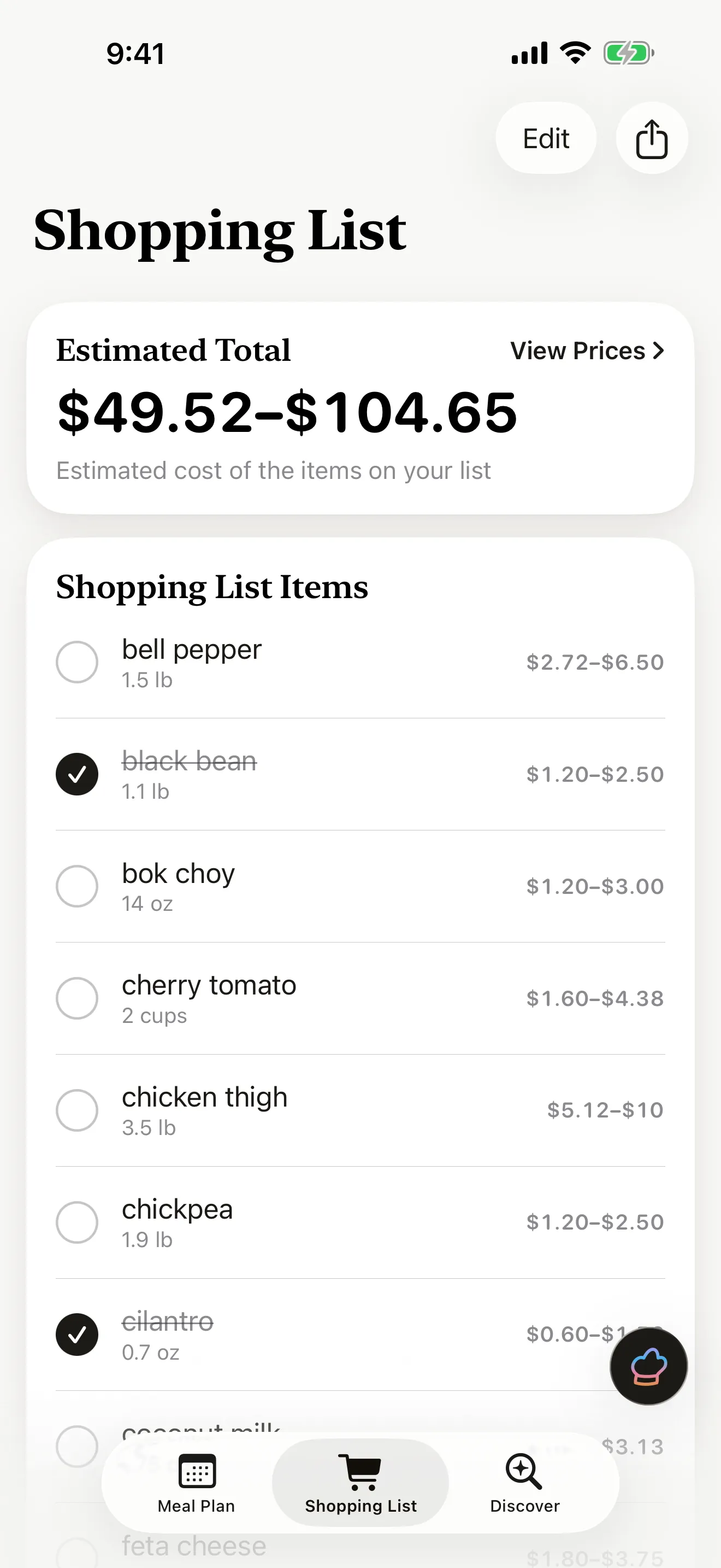 Shopping list screen