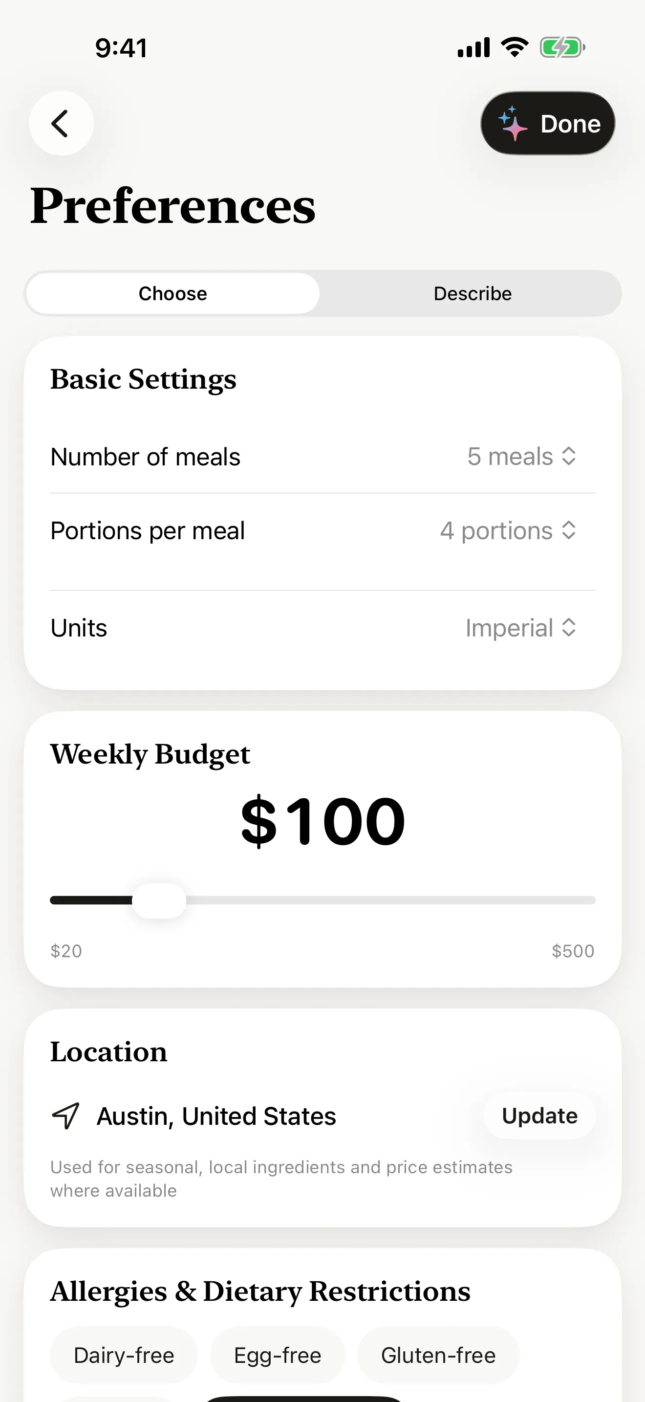 Preferences screen